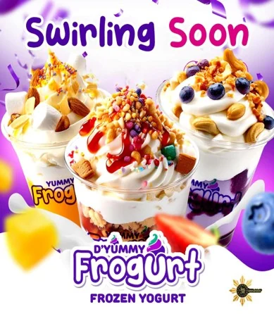 D'Yummy Frogurt cups with fruit, cereal, and sauce toppings